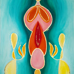 'Birth' is a 4ft by 3ft oil painting with gold leaf on canvas by Meagan Jain