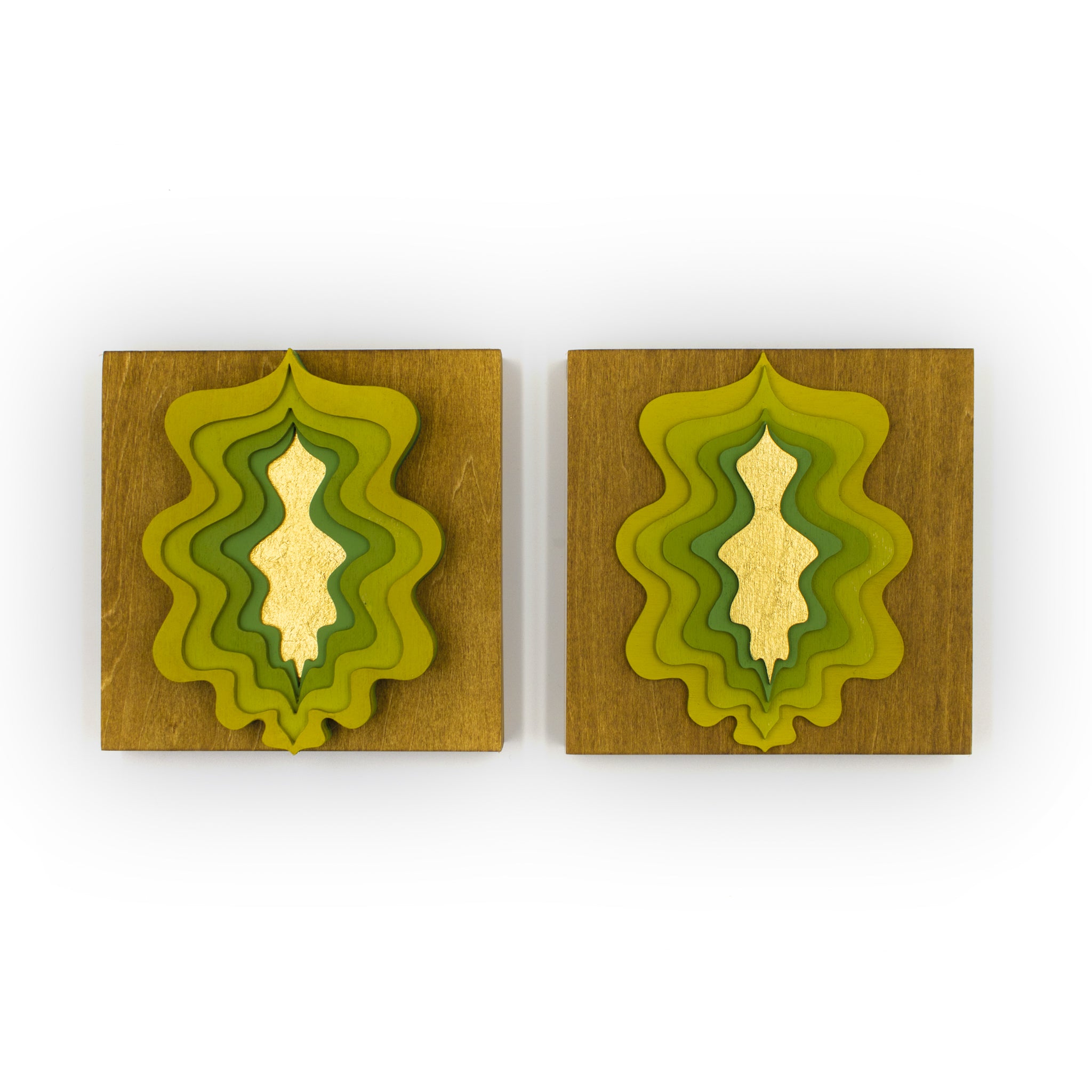 'Golden Glow Golden Grow' Portals- Layered and painted laser cut wood on wood panel with gold leaf. Each purchase comes as a set of two portals: one going outward and one coming inward.