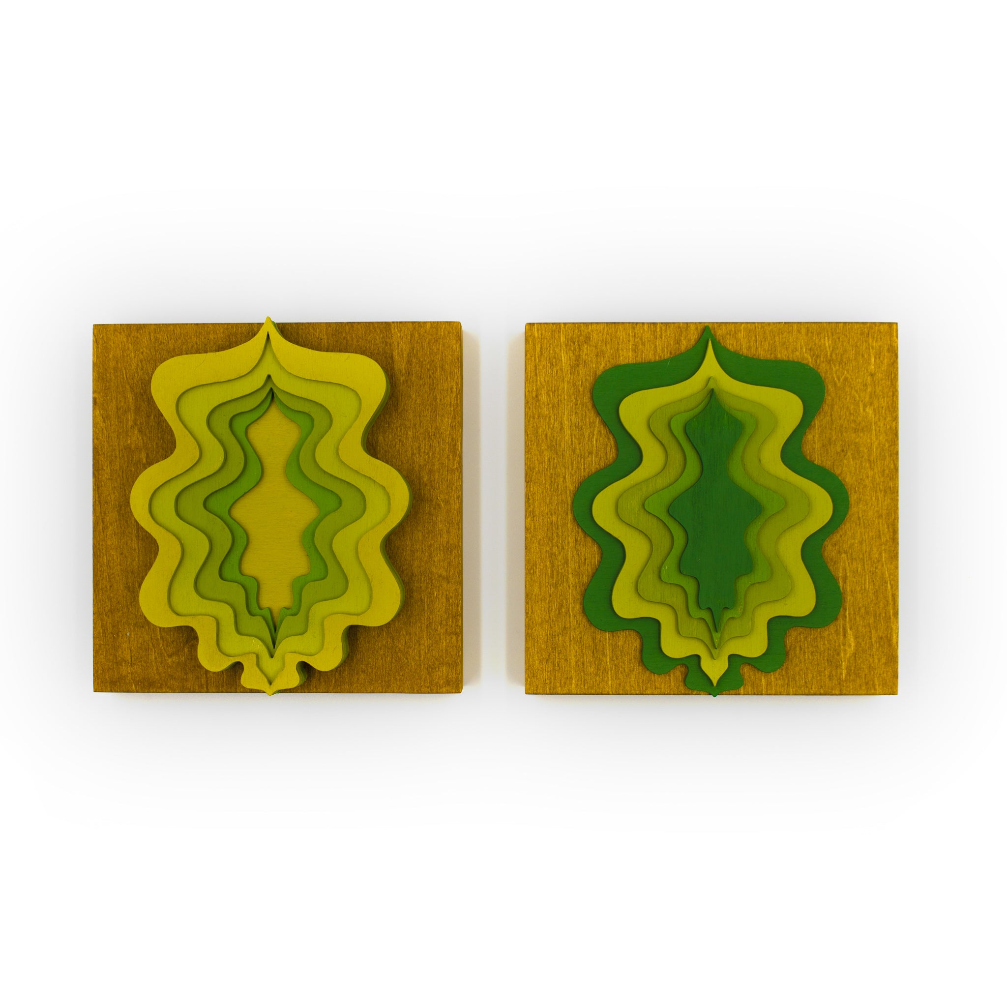  Green Goddess Portals- Layered and painted laser cut wood on wood panel. Each purchase comes as a set of two portals: one going outward and one coming inward.